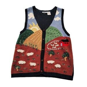 Vintage Womens Cottagecore Sweater Vest Size M Farm Scene Sheep Barn Folk Art